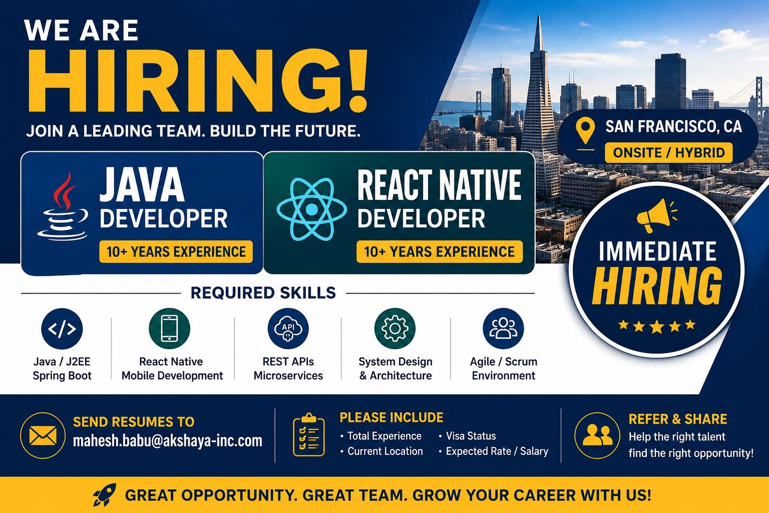 JAVA DEVELOPER (10+ YRS) REACT NATIVE DEVELOPER